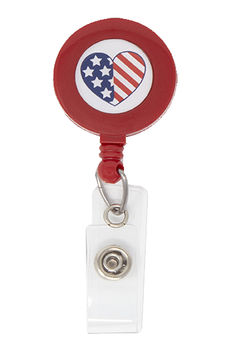 American flag heart badge holder with retractable reel, heart